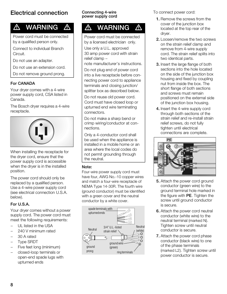 Warning, Electrical connection | Bosch WTA 4400 US User Manual | Page 8 / 76