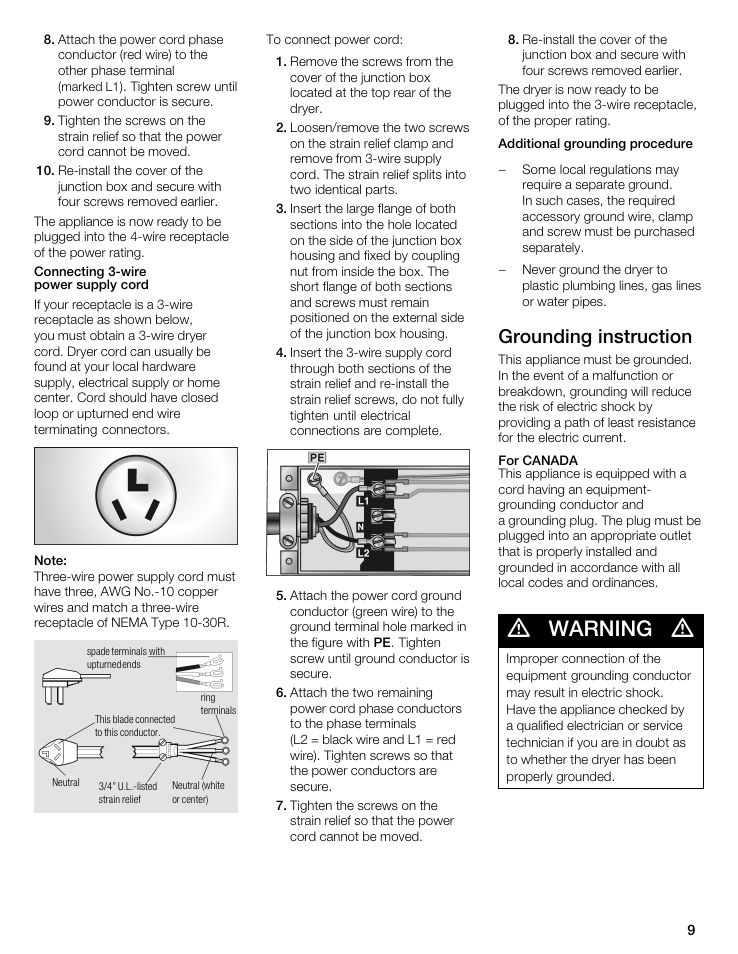 Warning, Grounding instruction | Bosch WTA 4400 US User Manual | Page 9 / 76