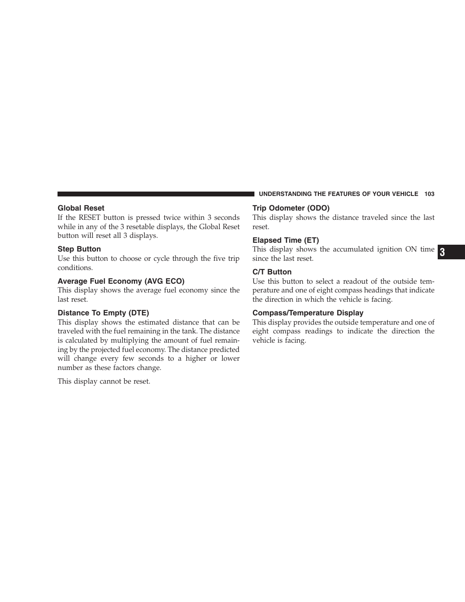 Global reset, Step button, Average fuel economy (avg eco) | Distance to empty (dte), Trip odometer (odo), Elapsed time (et), C/t button, Compass/temperature display | Chrysler 2004 300M User Manual | Page 103 / 277