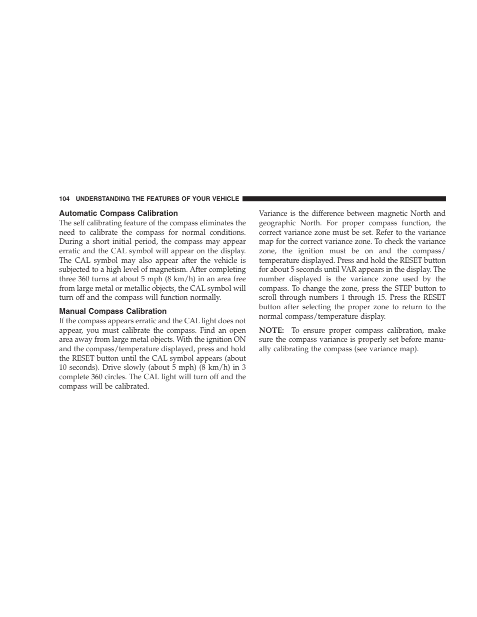 Automatic compass calibration, Manual compass calibration | Chrysler 2004 300M User Manual | Page 104 / 277
