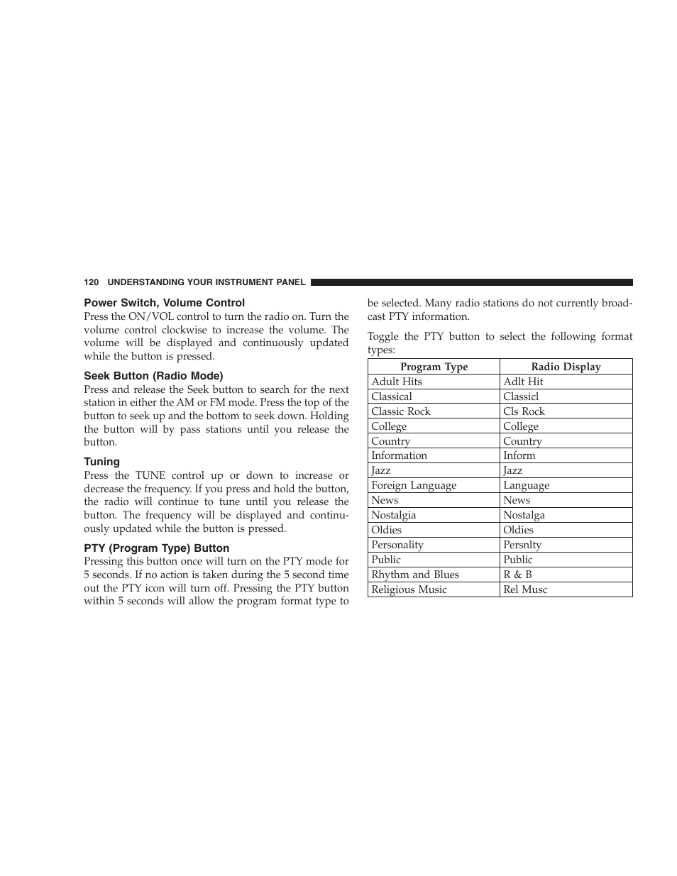 Power switch, volume control, Seek button (radio mode), Tuning | Pty (program type) button | Chrysler 2004 300M User Manual | Page 120 / 277