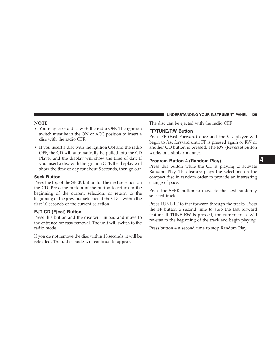 Seek button, Ejt cd (eject) button, Ff/tune/rw button | Program button 4 (random play) | Chrysler 2004 300M User Manual | Page 125 / 277