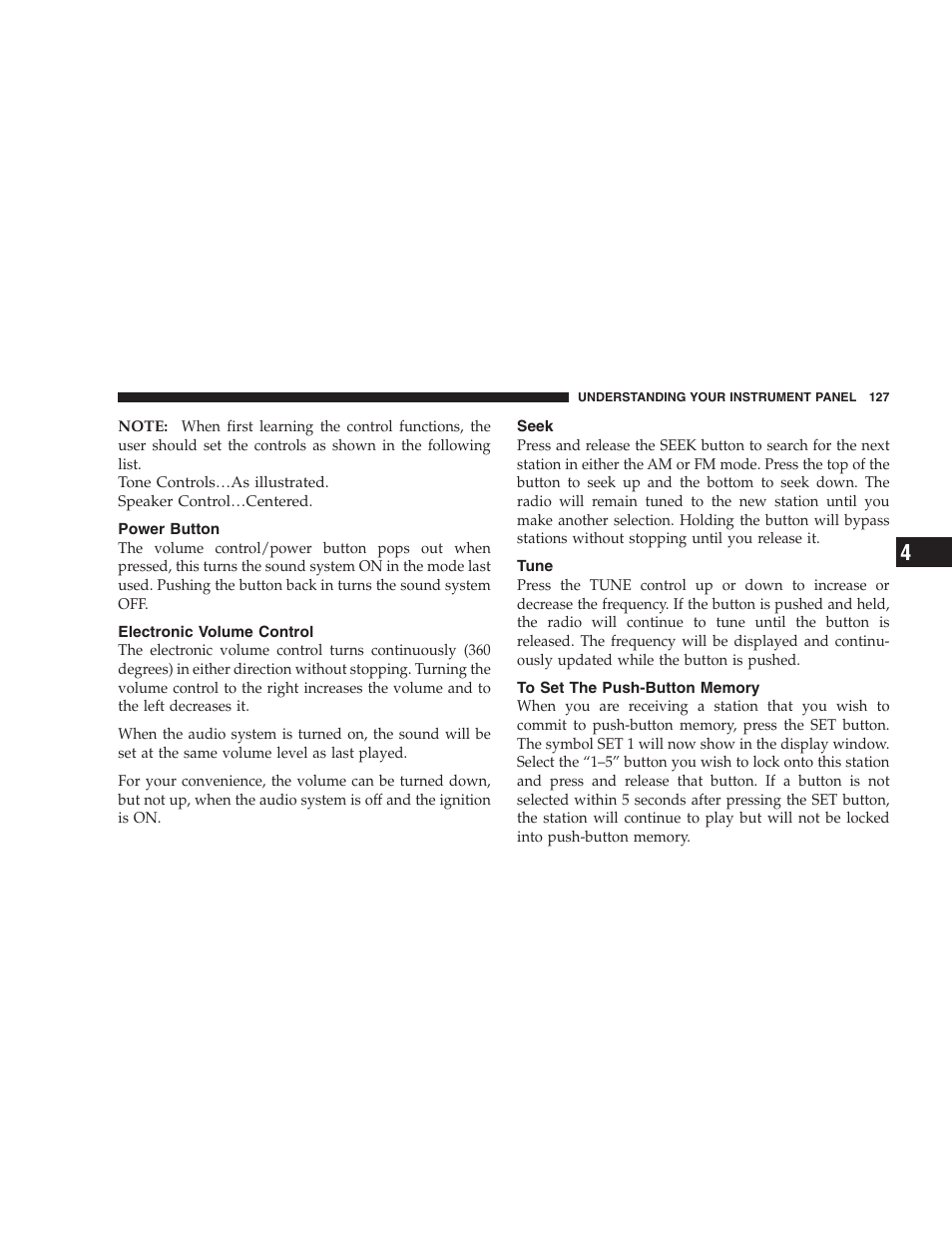 Power button, Electronic volume control, Seek | Tune, To set the push-button memory | Chrysler 2004 300M User Manual | Page 127 / 277