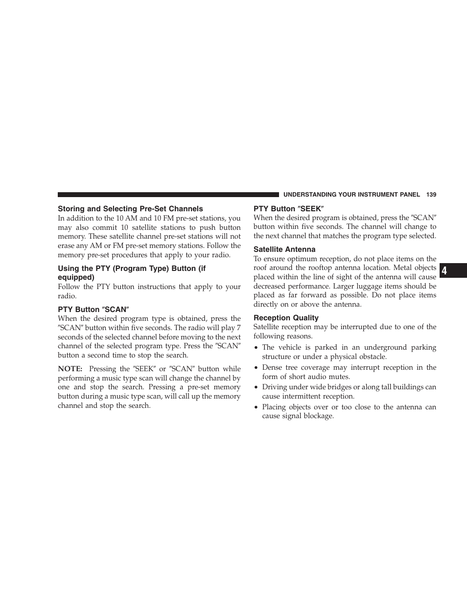 Storing and selecting pre-set channels, Using the pty (program type) button (if equipped), Pty button | Scan, Seek, Satellite antenna, Reception quality, Using the pty (program type) button, If equipped), Pty button љscanљ | Chrysler 2004 300M User Manual | Page 139 / 277