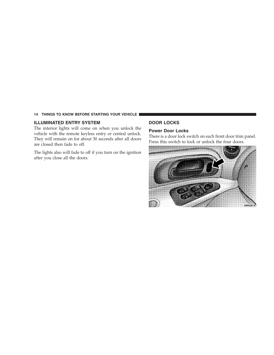 Illuminated entry system, Door locks, Power door locks | Chrysler 2004 300M User Manual | Page 14 / 277