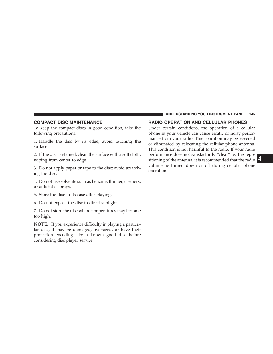 Compact disc maintenance, Radio operation and cellular phones | Chrysler 2004 300M User Manual | Page 145 / 277