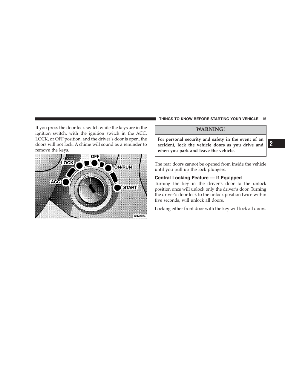 Central locking feature - if equipped, Central locking feature — if equipped | Chrysler 2004 300M User Manual | Page 15 / 277