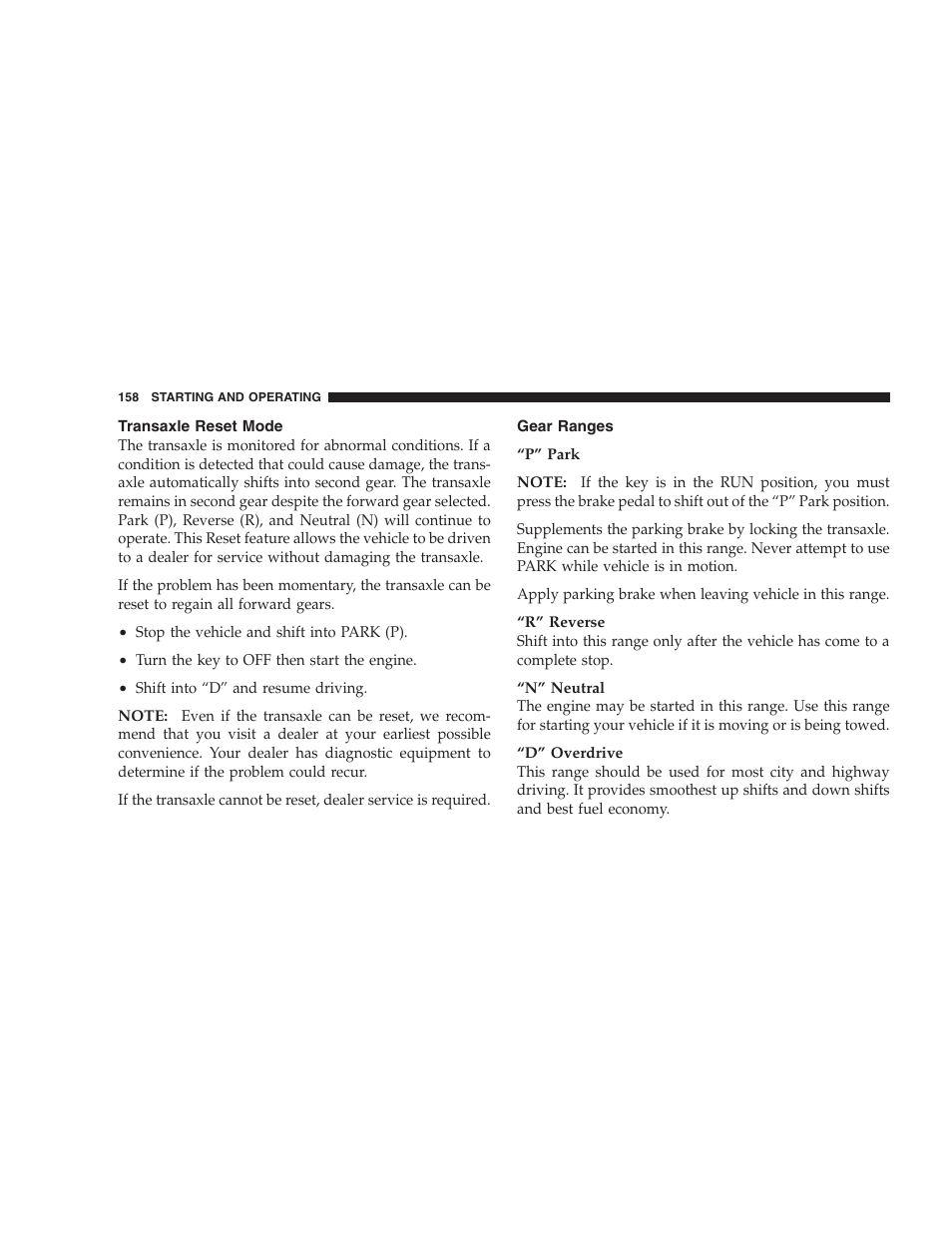 Transaxle reset mode, Gear ranges | Chrysler 2004 300M User Manual | Page 158 / 277