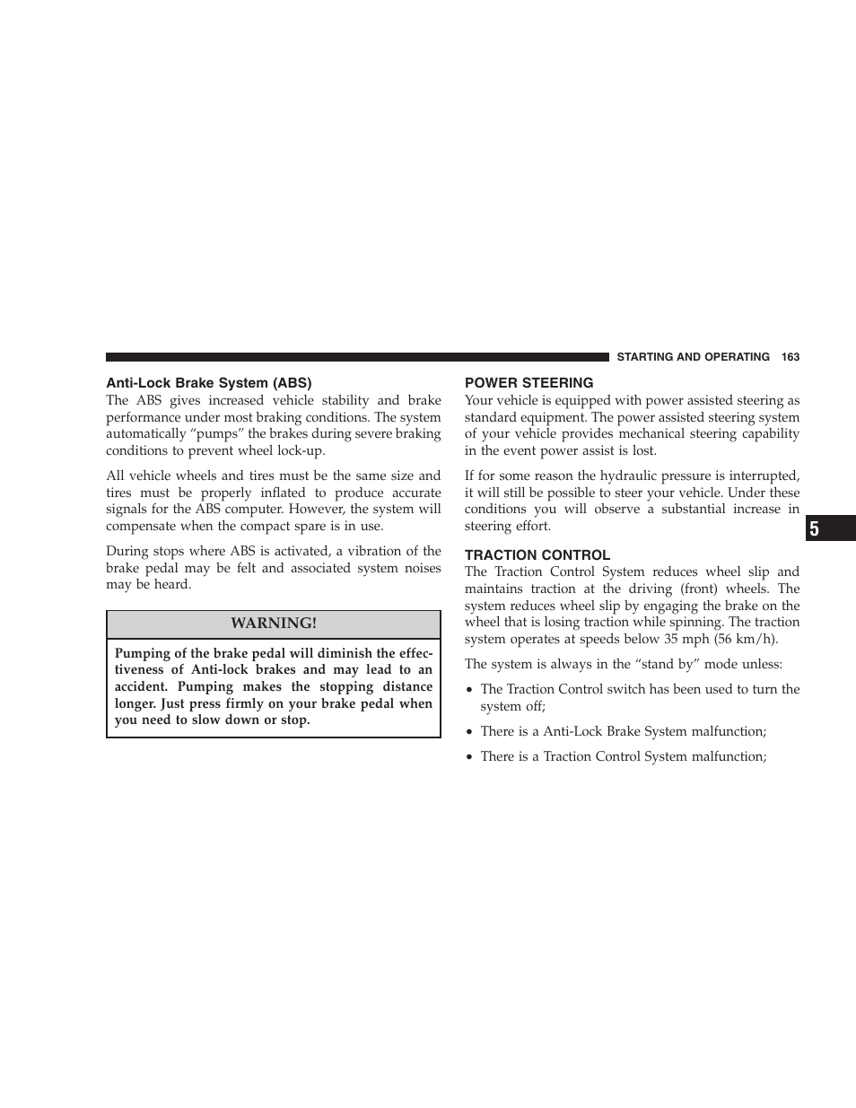 Anti-lock brake system (abs), Power steering, Traction control | Chrysler 2004 300M User Manual | Page 163 / 277