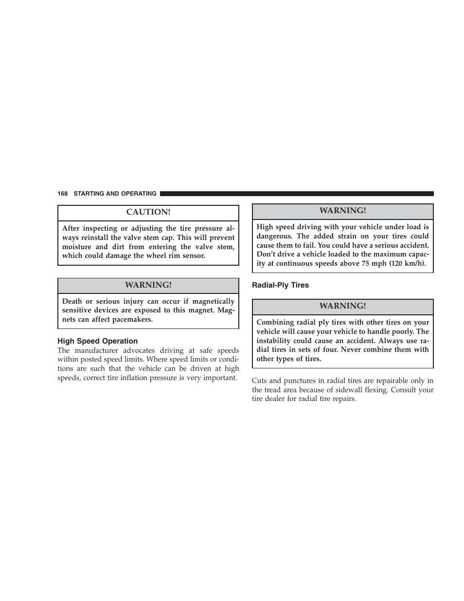 High speed operation, Radial-ply tires | Chrysler 2004 300M User Manual | Page 168 / 277