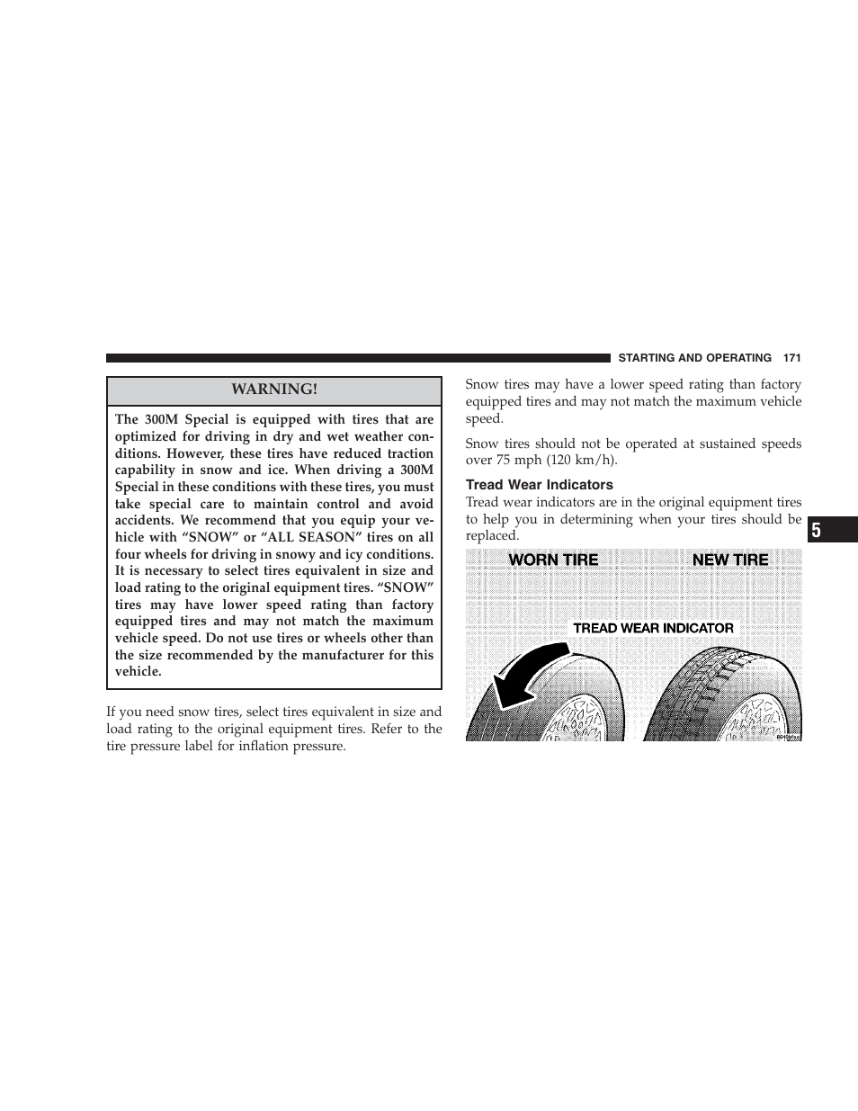 Tread wear indicators | Chrysler 2004 300M User Manual | Page 171 / 277