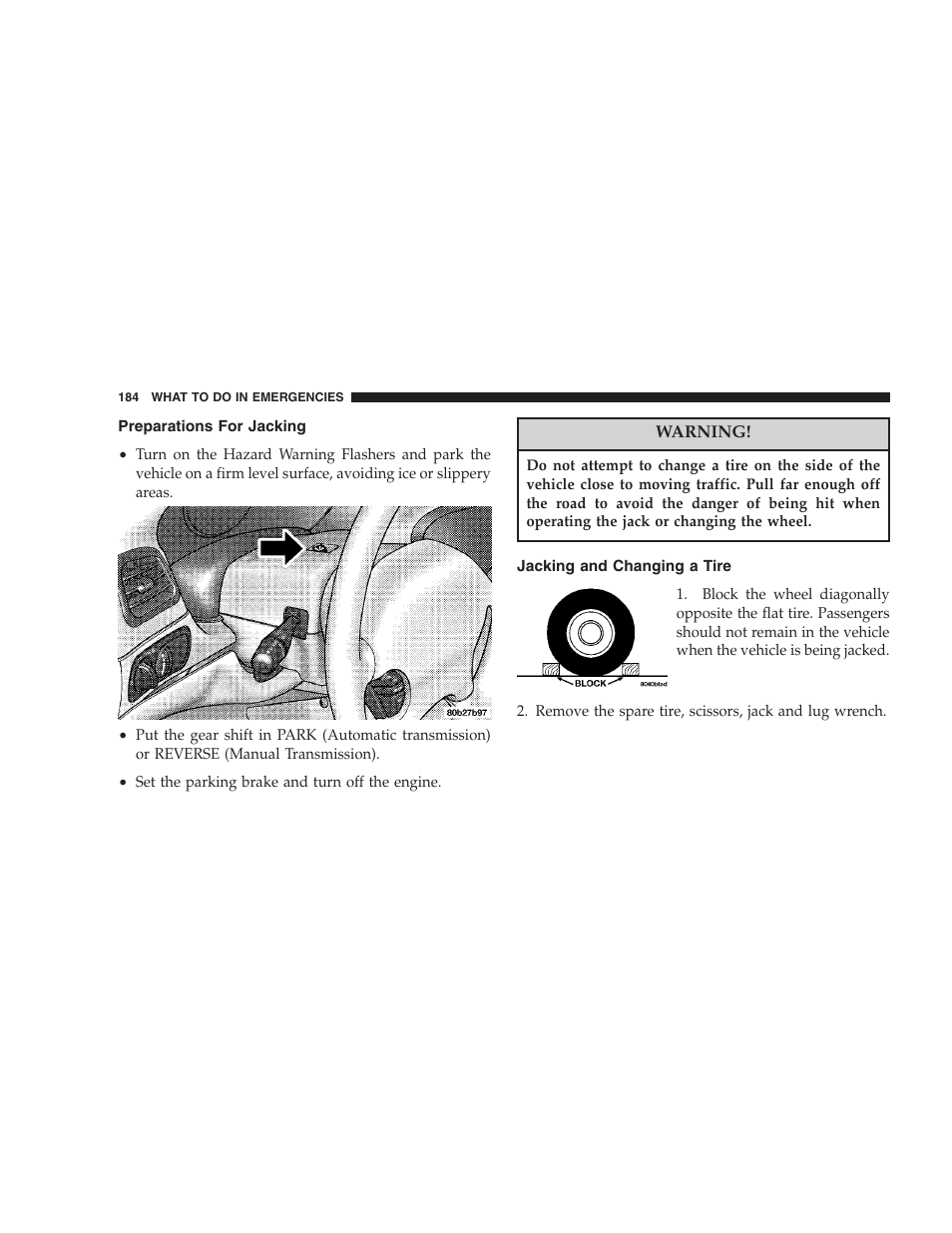 Preparations for jacking, Jacking and changing a tire | Chrysler 2004 300M User Manual | Page 184 / 277