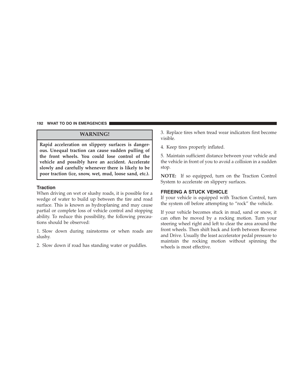 Traction, Freeing a stuck vehicle | Chrysler 2004 300M User Manual | Page 192 / 277