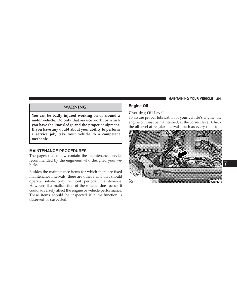 Maintenance procedures, Engine oil | Chrysler 2004 300M User Manual | Page 201 / 277