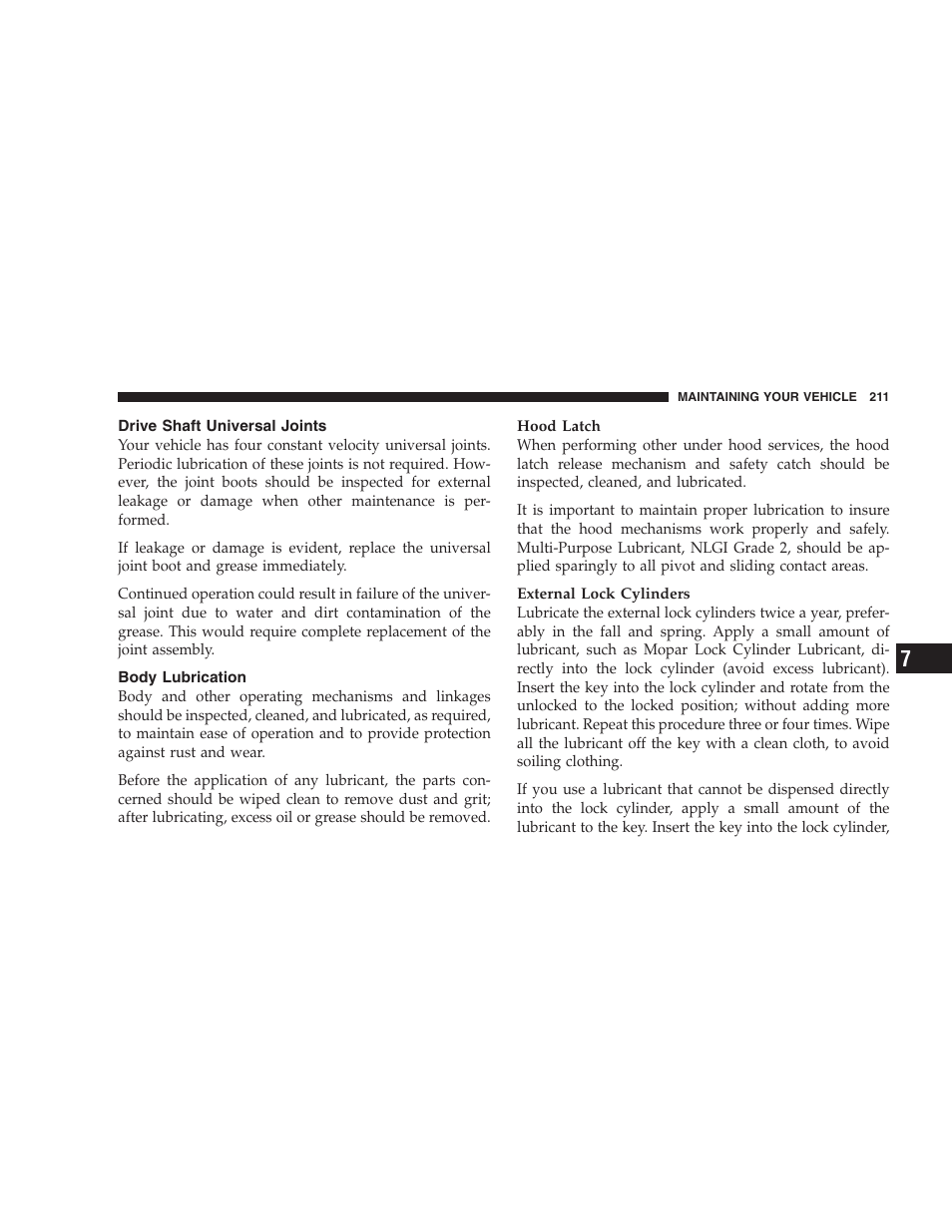 Drive shaft universal joints, Body lubrication | Chrysler 2004 300M User Manual | Page 211 / 277