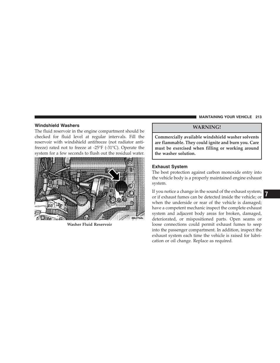 Windshield washers, Exhaust system | Chrysler 2004 300M User Manual | Page 213 / 277