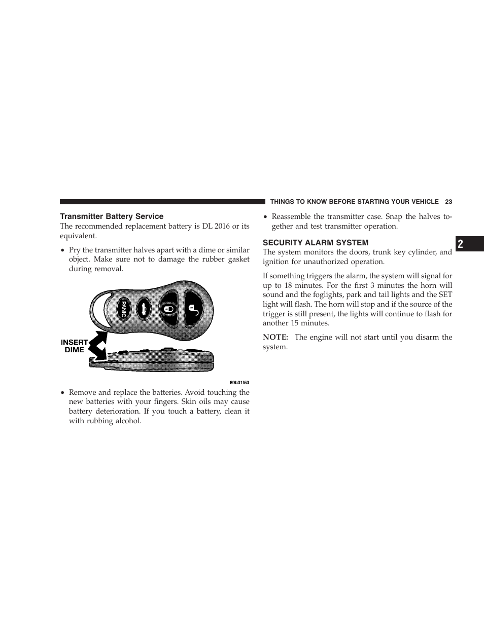 Transmitter battery service, Security alarm system | Chrysler 2004 300M User Manual | Page 23 / 277