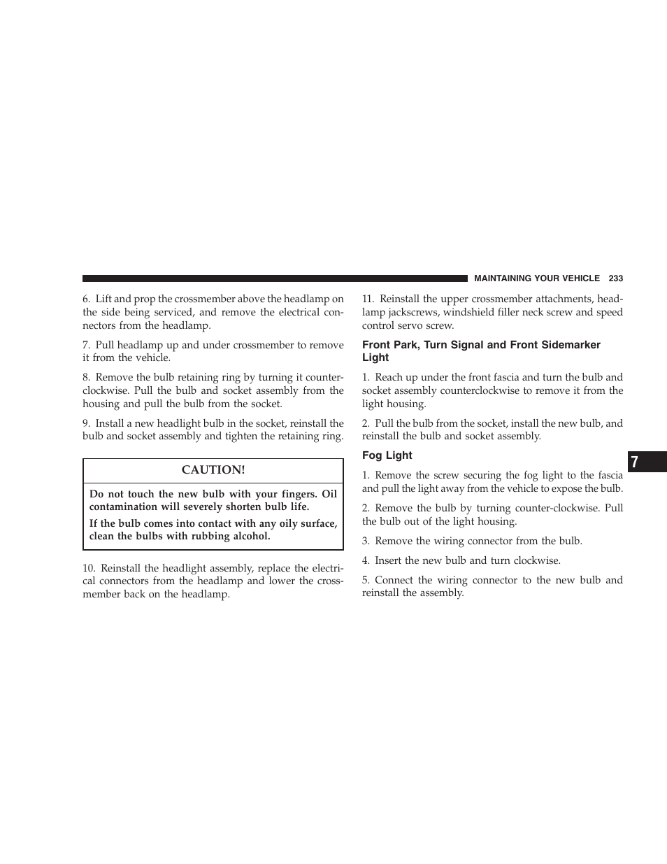 Front park, turn signal and front sidemarker light, Fog light, Front park, turn signal and front sidemarker | Light | Chrysler 2004 300M User Manual | Page 233 / 277