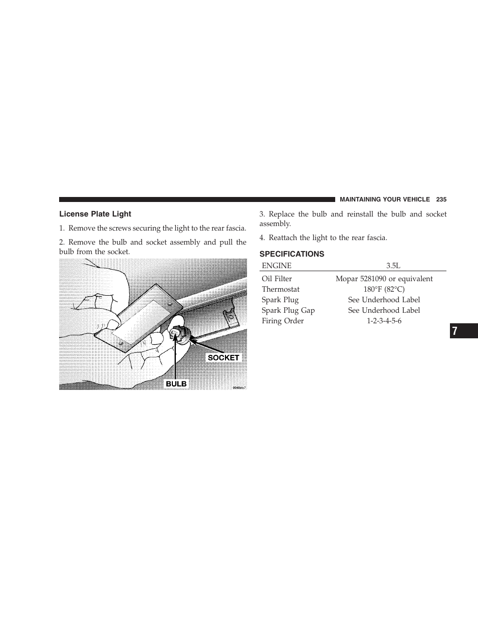 License plate light, Specifications | Chrysler 2004 300M User Manual | Page 235 / 277