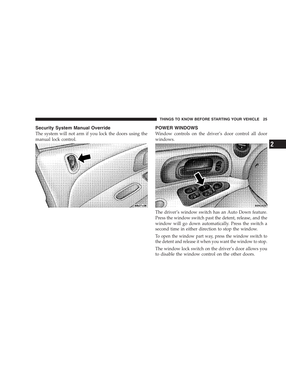 Security system manual override, Power windows | Chrysler 2004 300M User Manual | Page 25 / 277