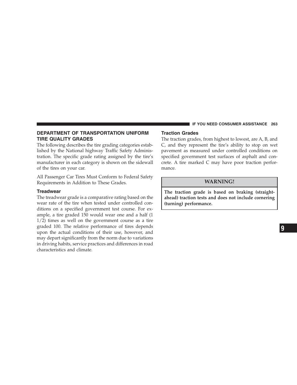 Treadwear, Traction grades, Department of transportation uniform tire | Quality grades | Chrysler 2004 300M User Manual | Page 263 / 277