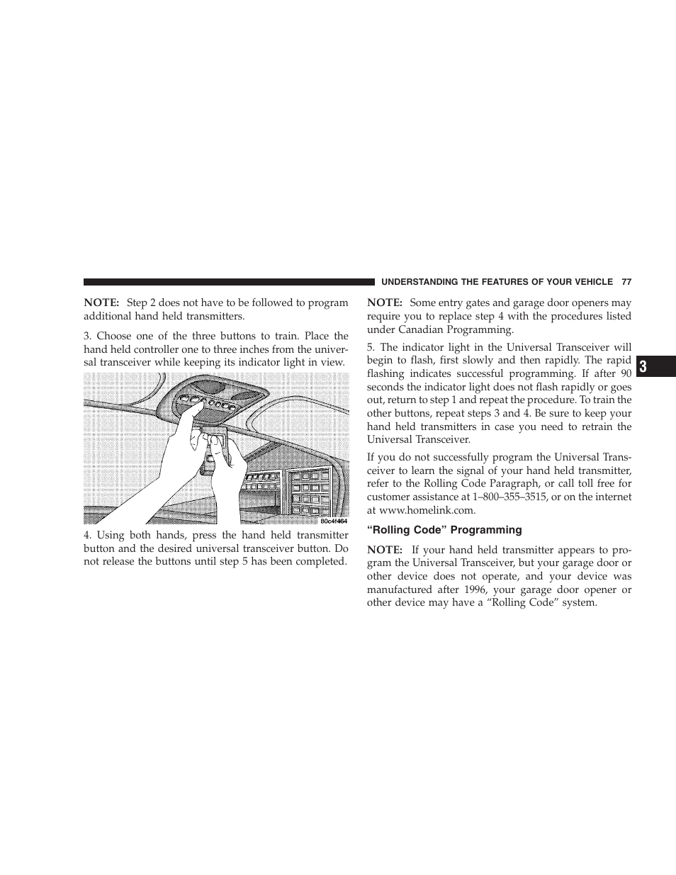 Rolling code programming, Rolling code” programming | Chrysler 2004 300M User Manual | Page 77 / 277