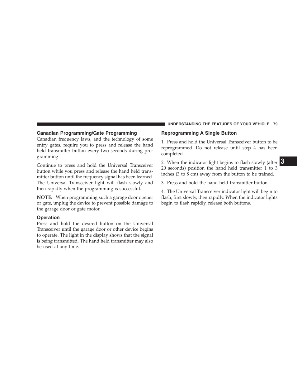 Canadian programming/gate programming, Operation, Reprogramming a single button | Chrysler 2004 300M User Manual | Page 79 / 277