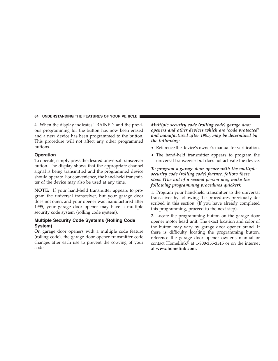 Operation, Multiple security code systems (rolling code, System) | Chrysler 2004 300M User Manual | Page 84 / 277