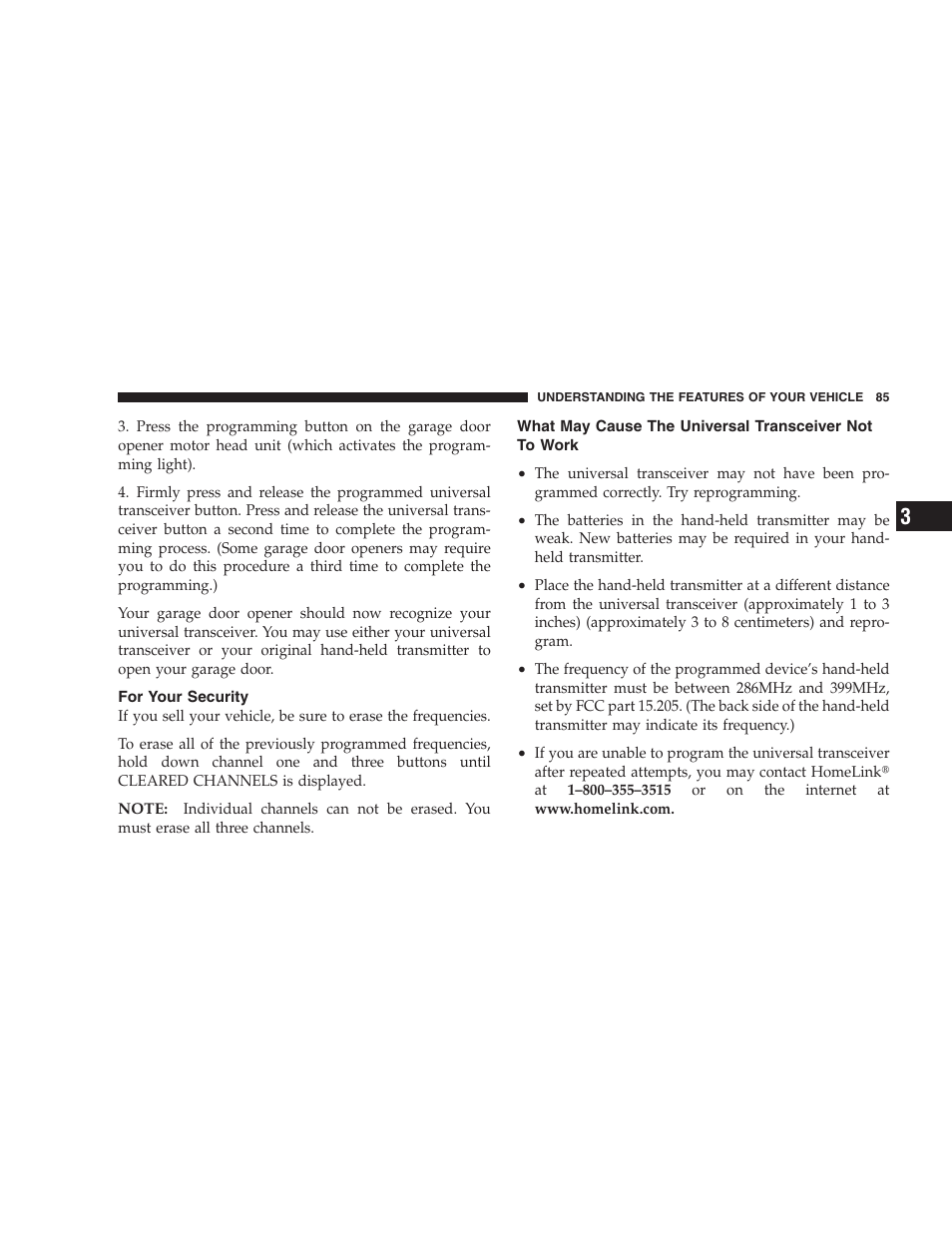 For your security, What may cause the universal transceiver not, To work | Chrysler 2004 300M User Manual | Page 85 / 277