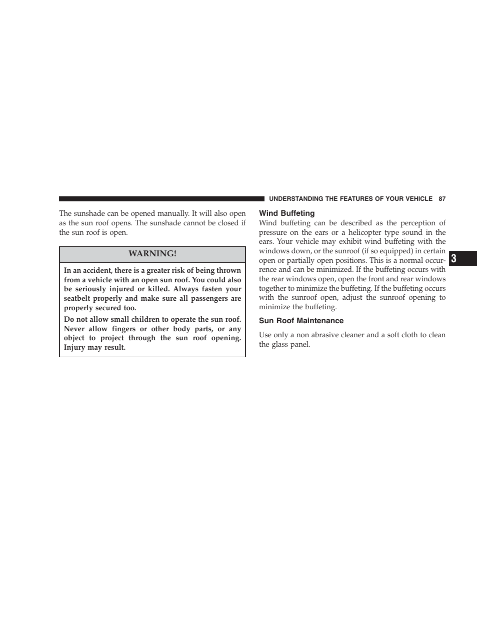 Wind buffeting, Sun roof maintenance | Chrysler 2004 300M User Manual | Page 87 / 277