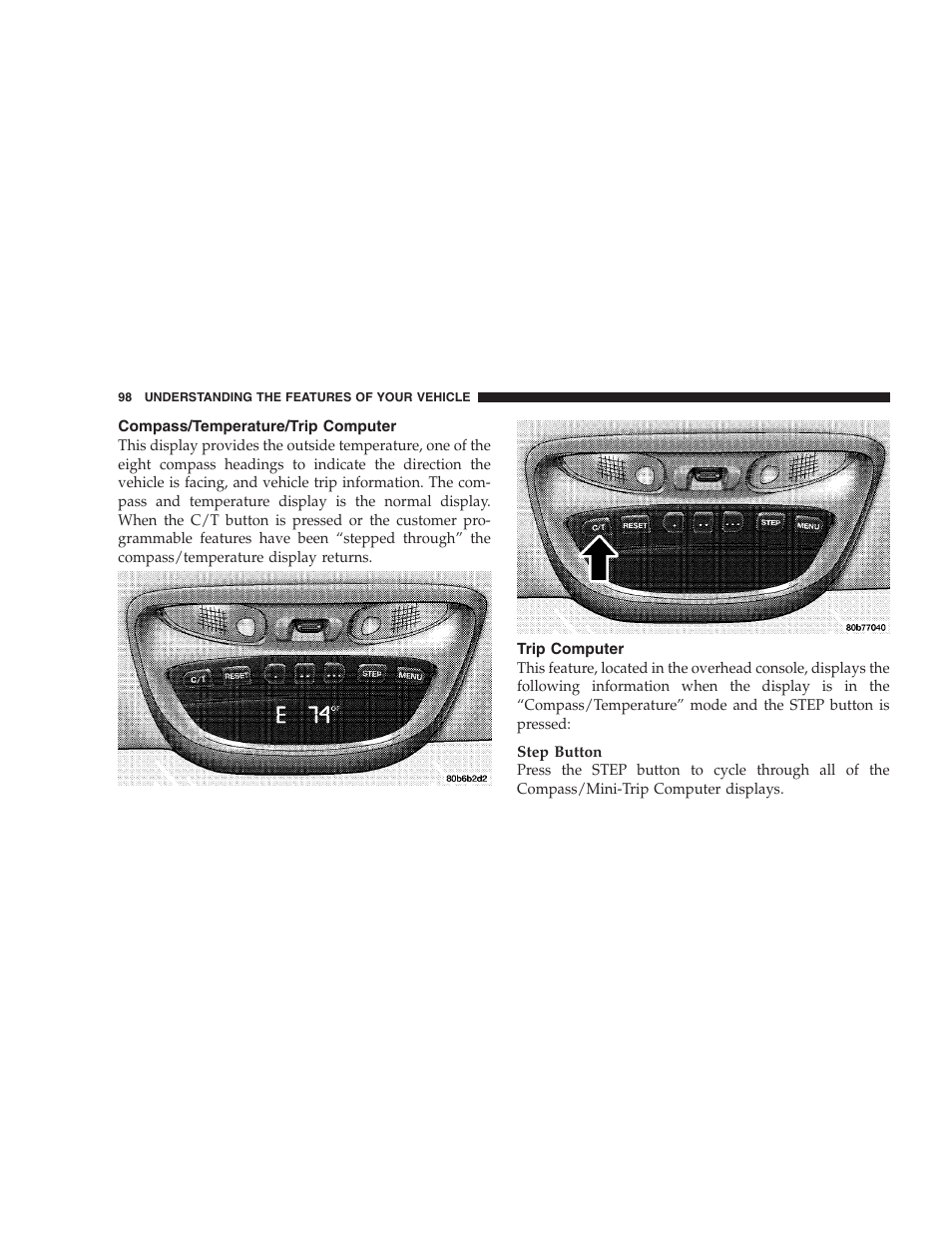 Compass/temperature/trip computer, Trip computer | Chrysler 2004 300M User Manual | Page 98 / 277