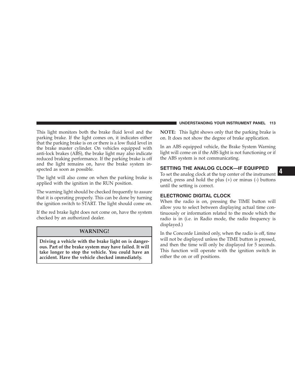 Setting the analog clock - if equipped, Electronic digital clock, Setting the analog clock—if equipped | Chrysler 2004 Concorde User Manual | Page 113 / 273