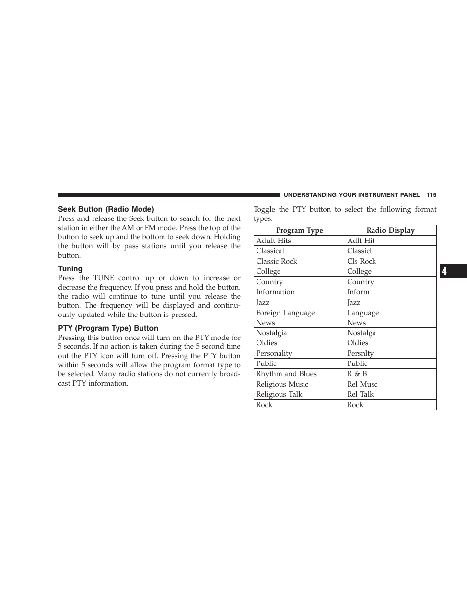 Seek button (radio mode), Tuning, Pty (program type) button | Chrysler 2004 Concorde User Manual | Page 115 / 273