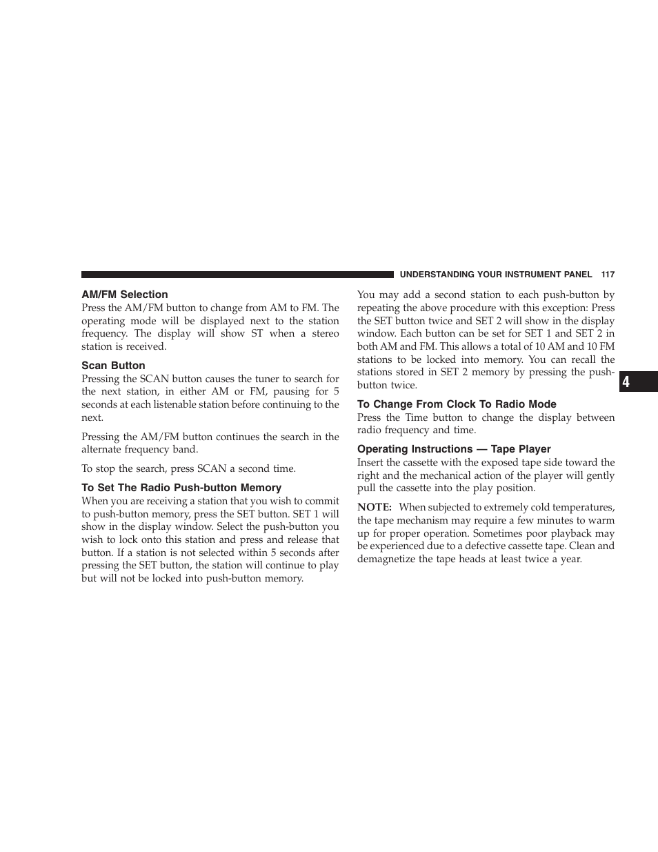 Am/fm selection, Scan button, To set the radio push-button memory | To change from clock to radio mode, Operating instructions - tape player, Operating instructions — tape player | Chrysler 2004 Concorde User Manual | Page 117 / 273