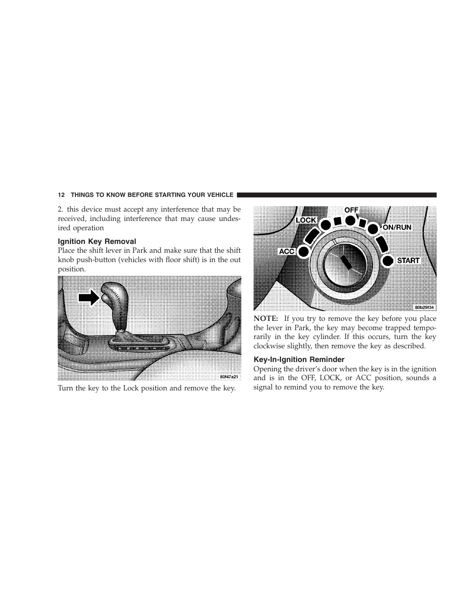 Ignition key removal, Key-in-ignition reminder | Chrysler 2004 Concorde User Manual | Page 12 / 273