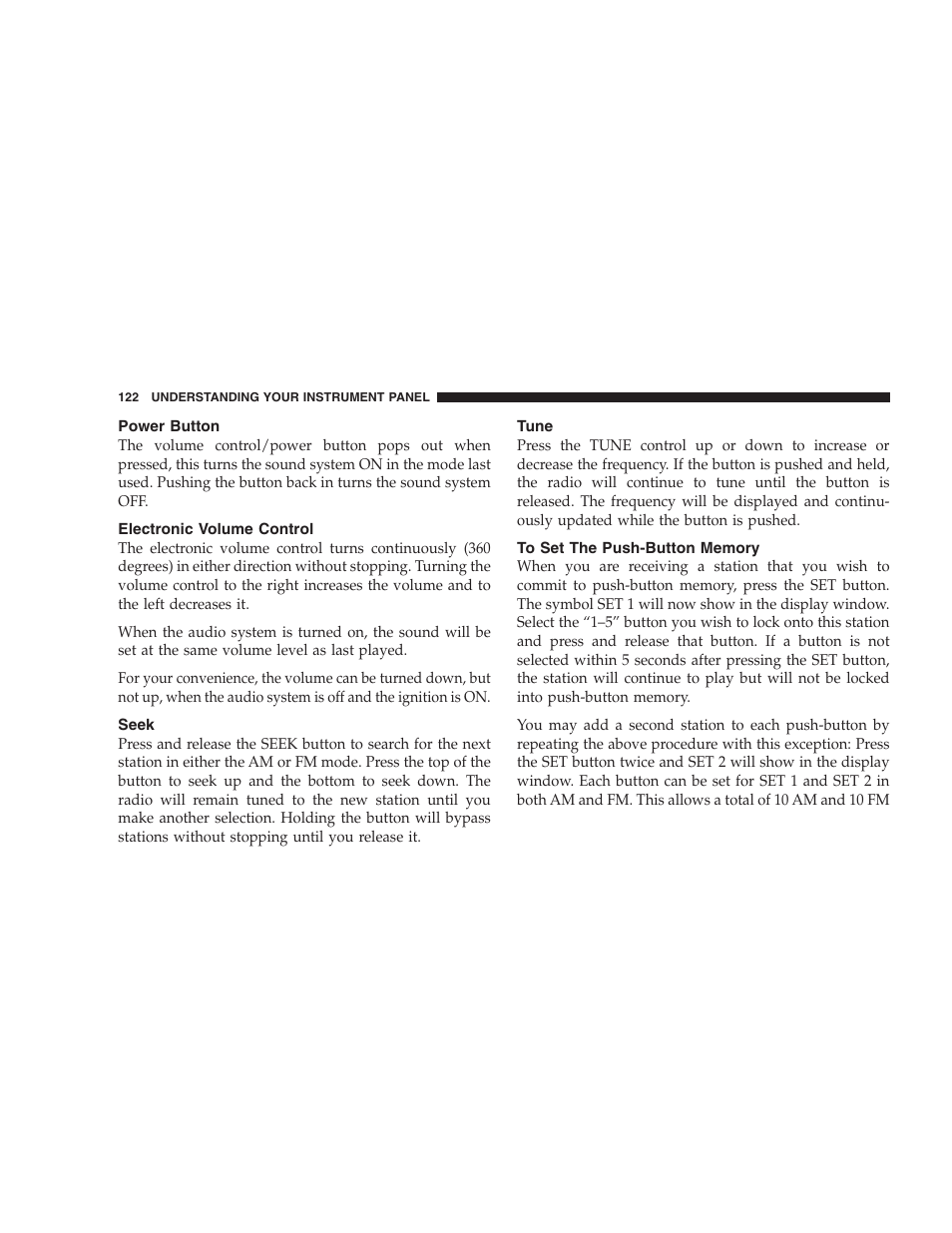 Power button, Electronic volume control, Seek | Tune, To set the push-button memory | Chrysler 2004 Concorde User Manual | Page 122 / 273