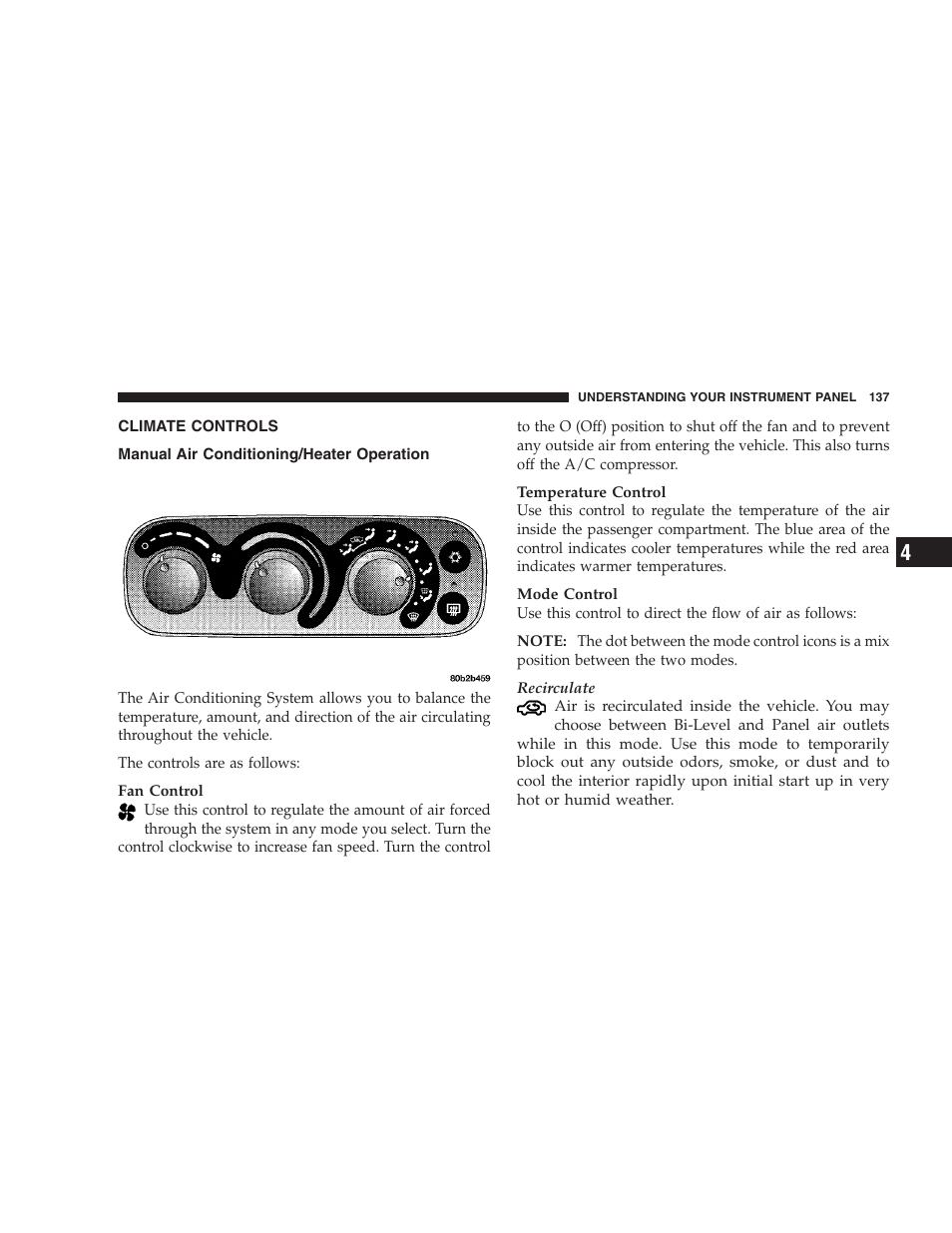 Climate controls, Manual air conditioning/heater operation | Chrysler 2004 Concorde User Manual | Page 137 / 273