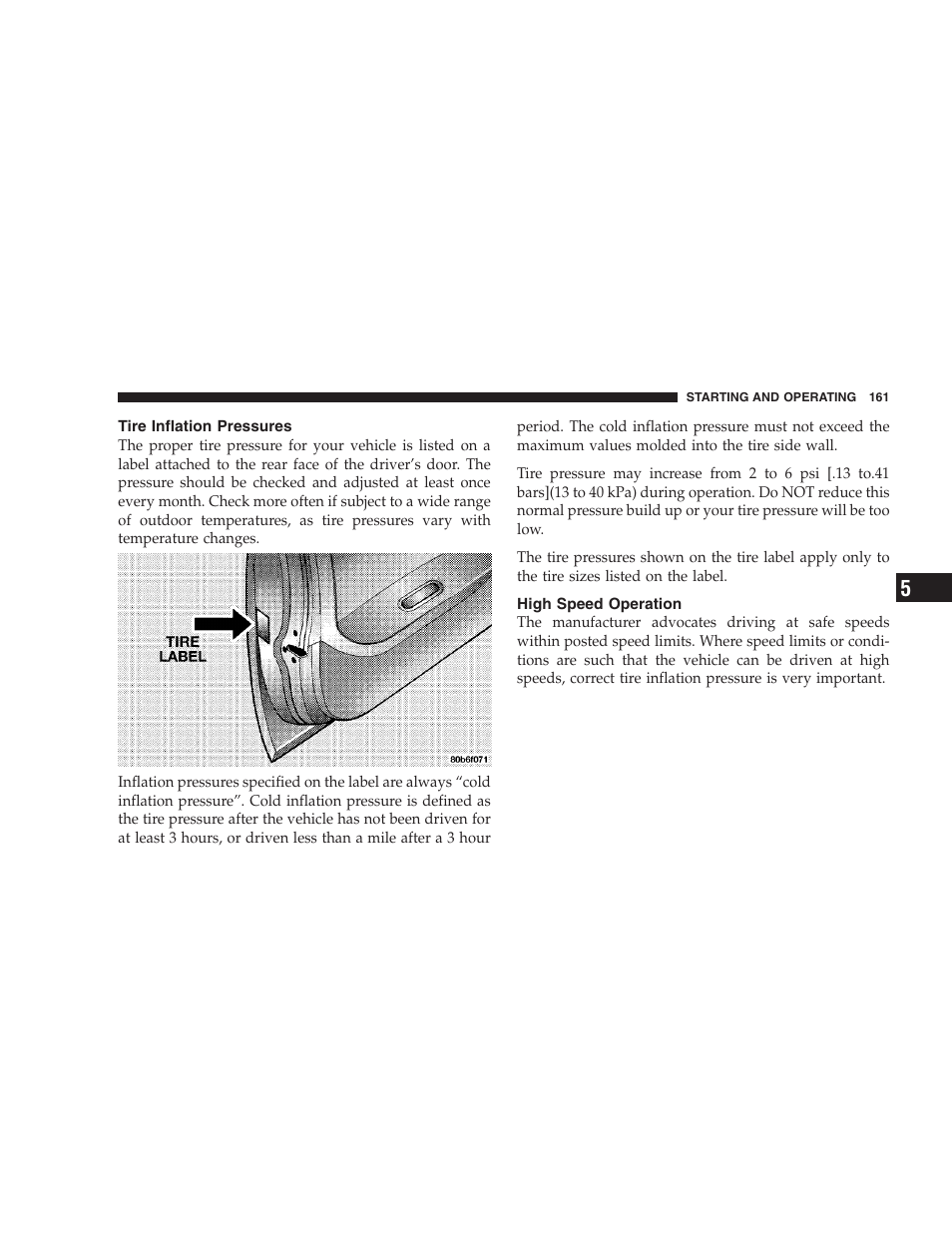 Tire inflation pressures, High speed operation | Chrysler 2004 Concorde User Manual | Page 161 / 273