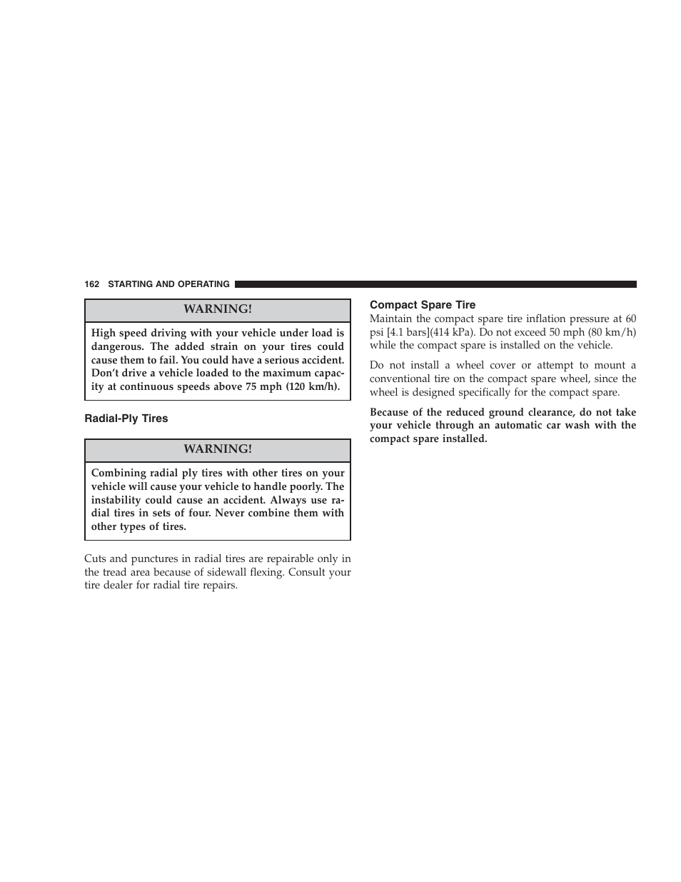 Radial-ply tires, Compact spare tire | Chrysler 2004 Concorde User Manual | Page 162 / 273