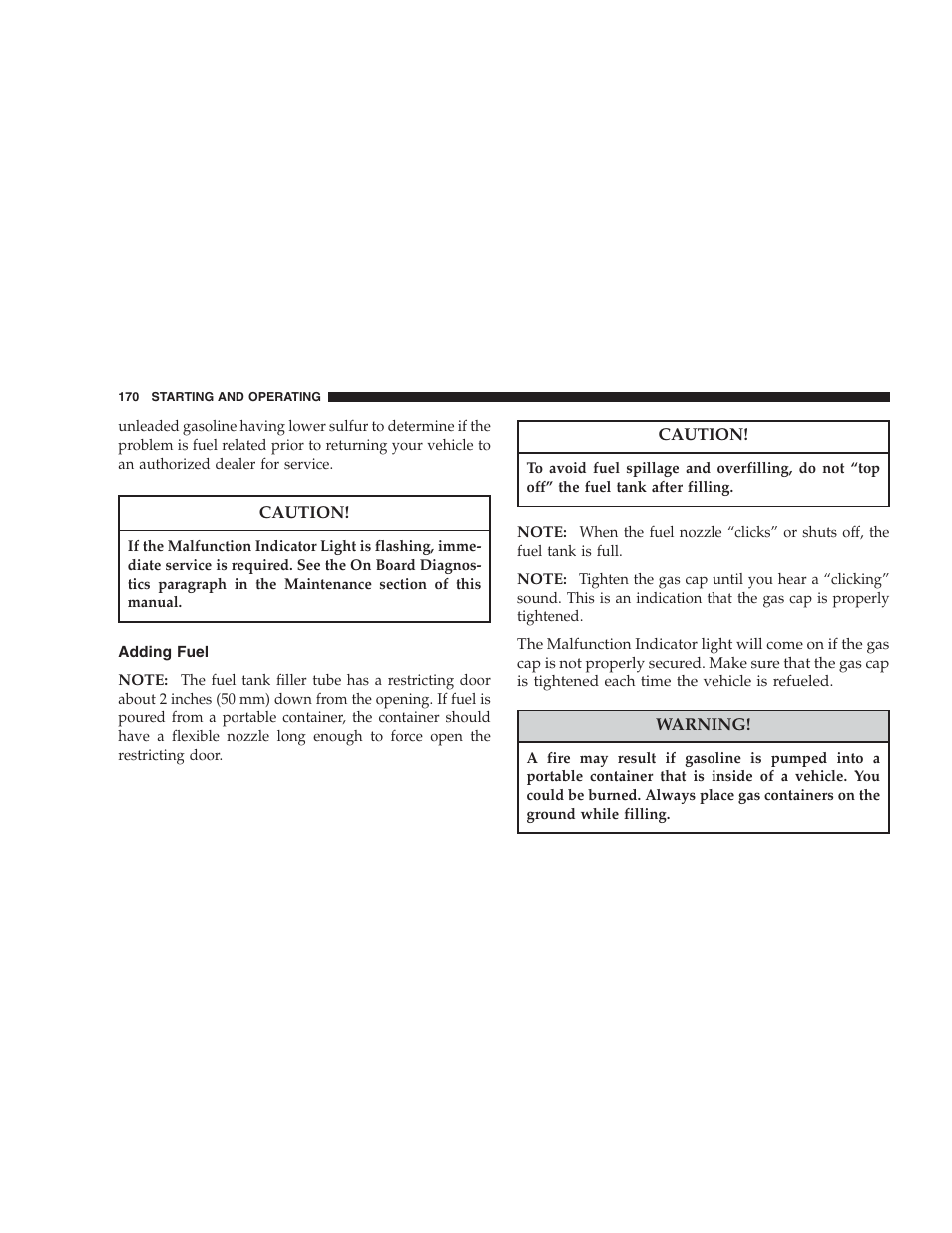 Adding fuel | Chrysler 2004 Concorde User Manual | Page 170 / 273