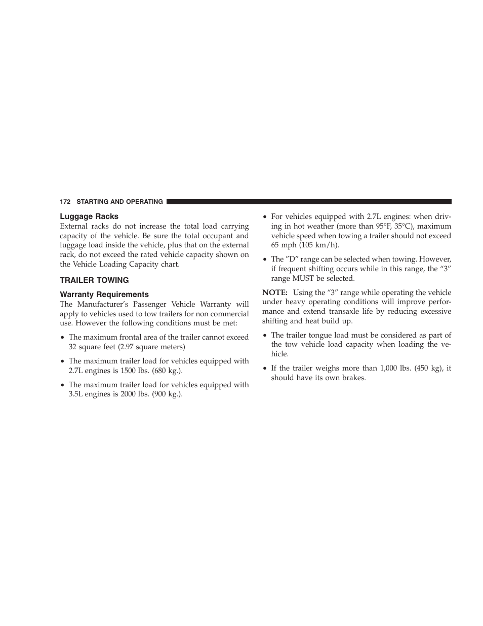 Luggage racks, Trailer towing, Warranty requirements | Chrysler 2004 Concorde User Manual | Page 172 / 273