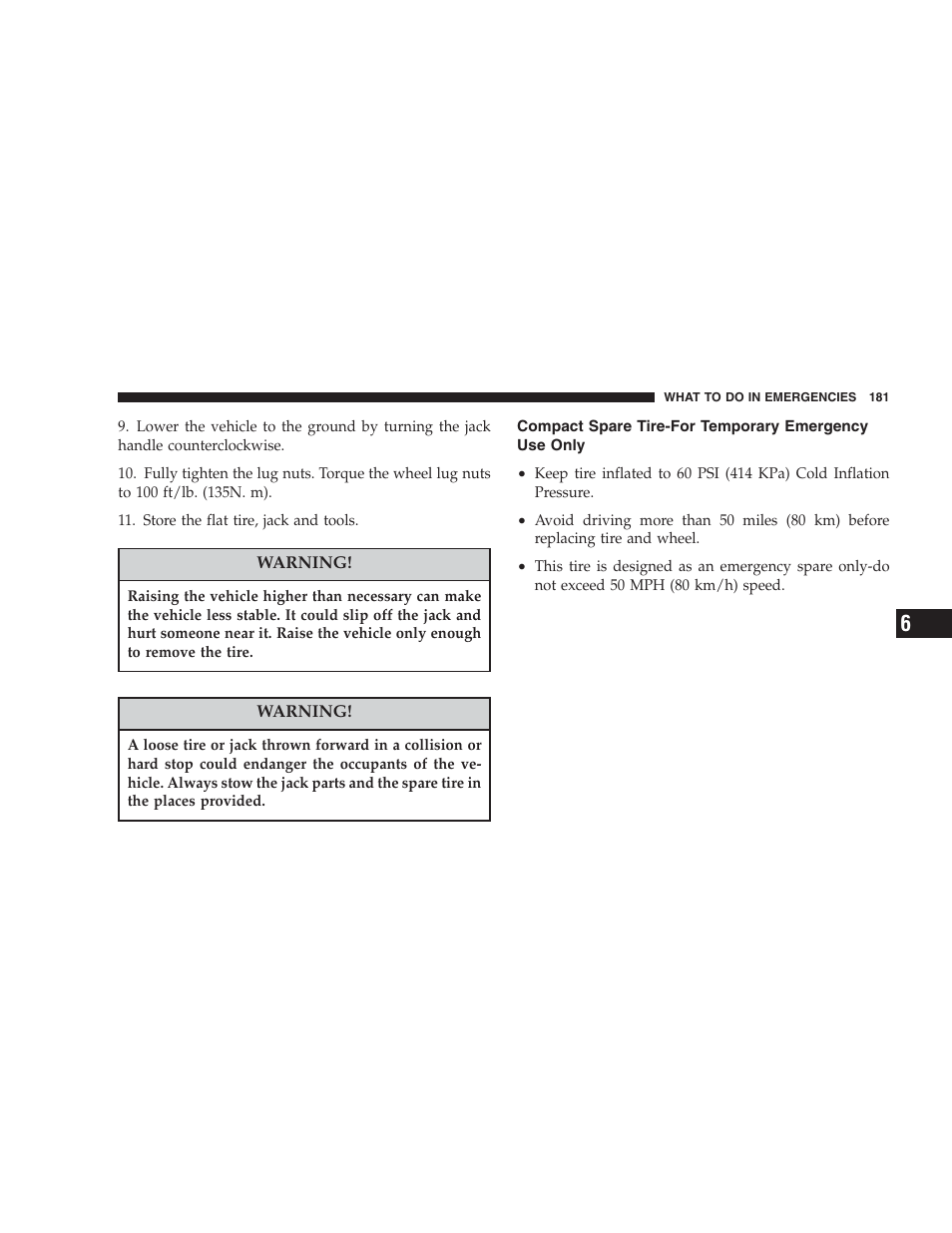 Compact spare tire-for temporary emergency, Use only | Chrysler 2004 Concorde User Manual | Page 181 / 273