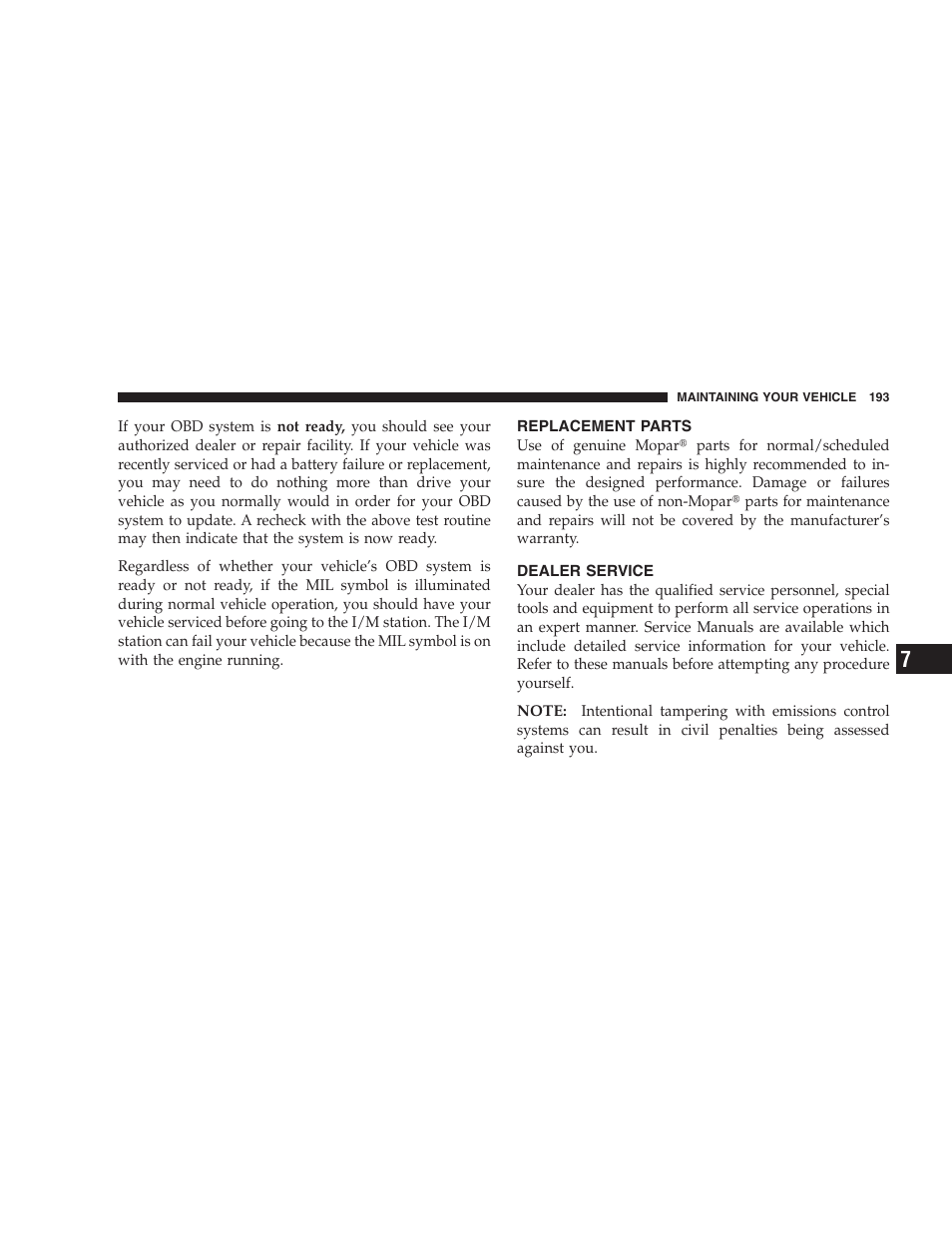 Replacement parts, Dealer service | Chrysler 2004 Concorde User Manual | Page 193 / 273