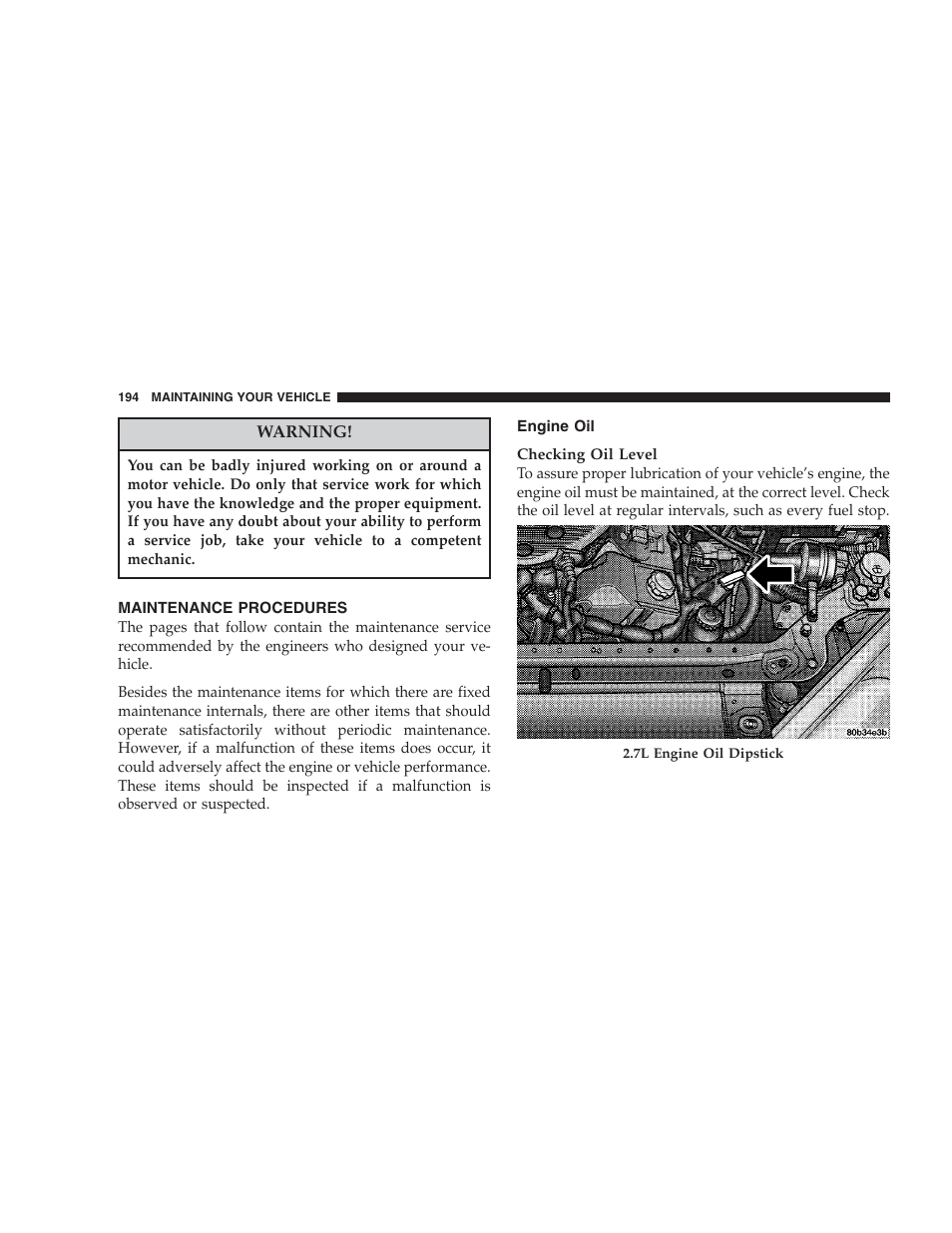 Maintenance procedures, Engine oil | Chrysler 2004 Concorde User Manual | Page 194 / 273