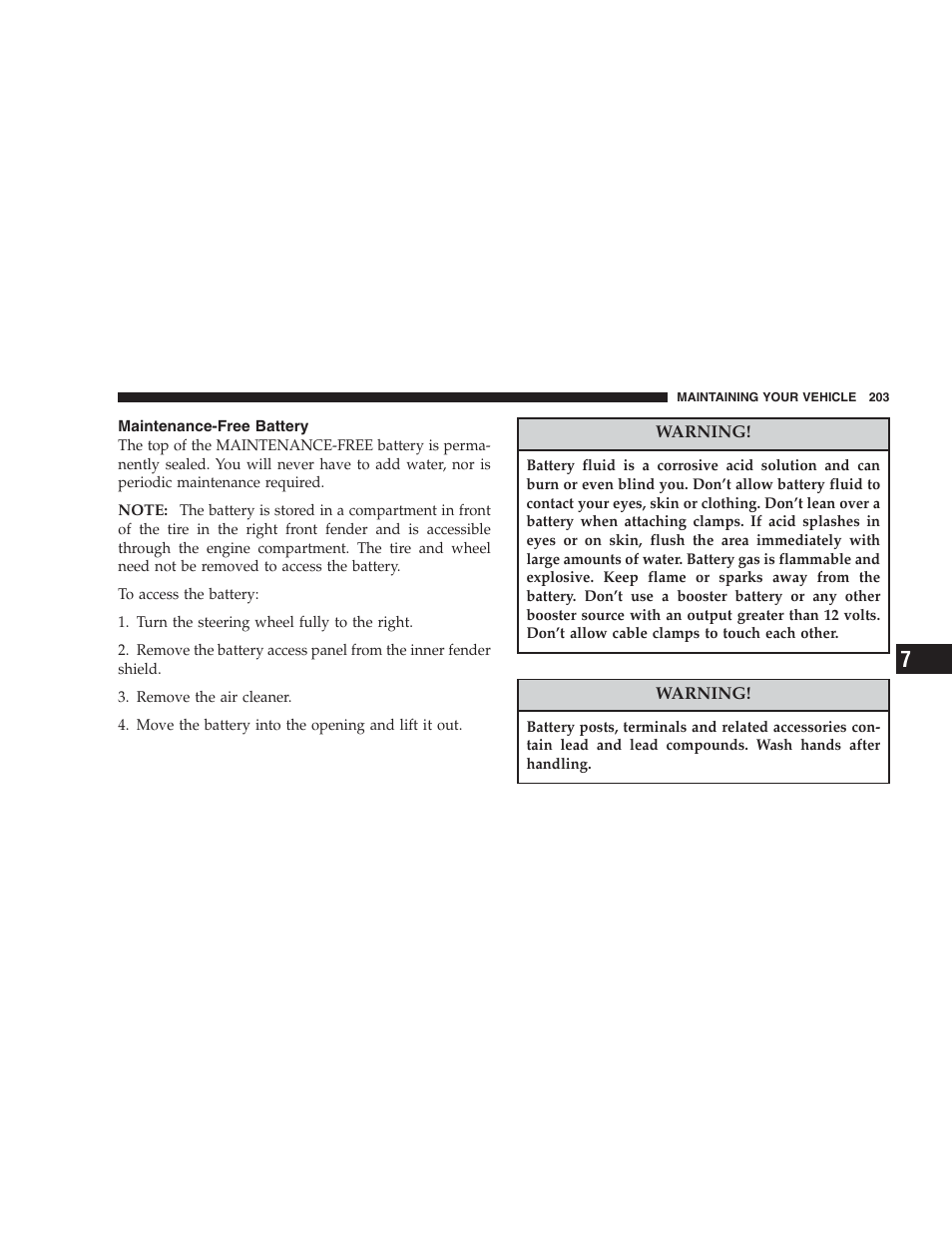 Maintenance- free battery, Maintenance-free battery | Chrysler 2004 Concorde User Manual | Page 203 / 273