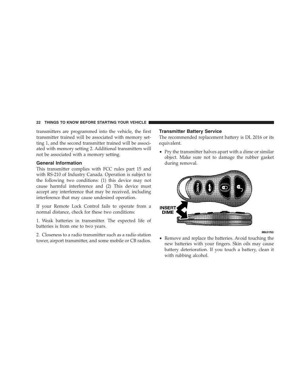 General information, Transmitter battery service | Chrysler 2004 Concorde User Manual | Page 22 / 273