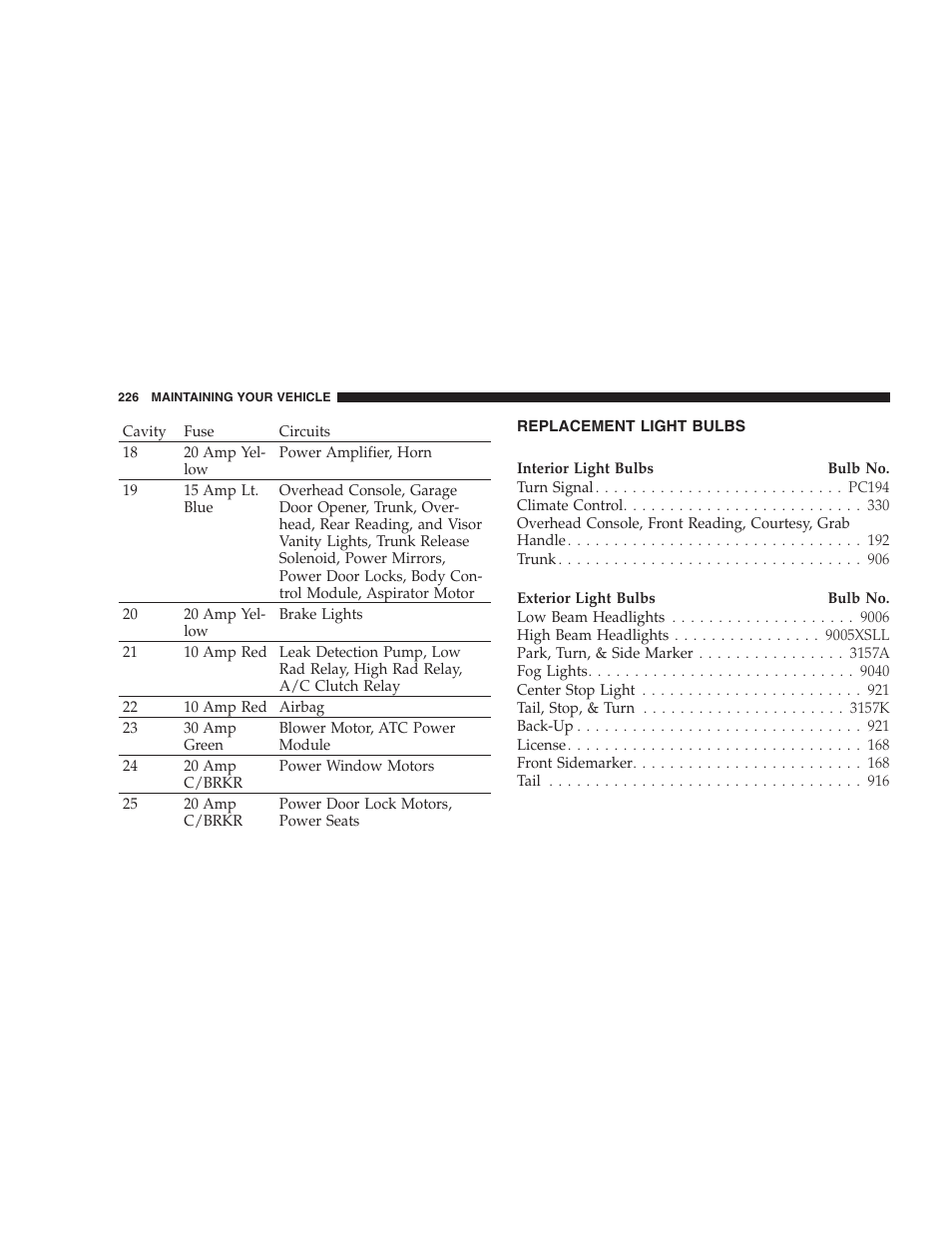 Replacement light bulbs | Chrysler 2004 Concorde User Manual | Page 226 / 273