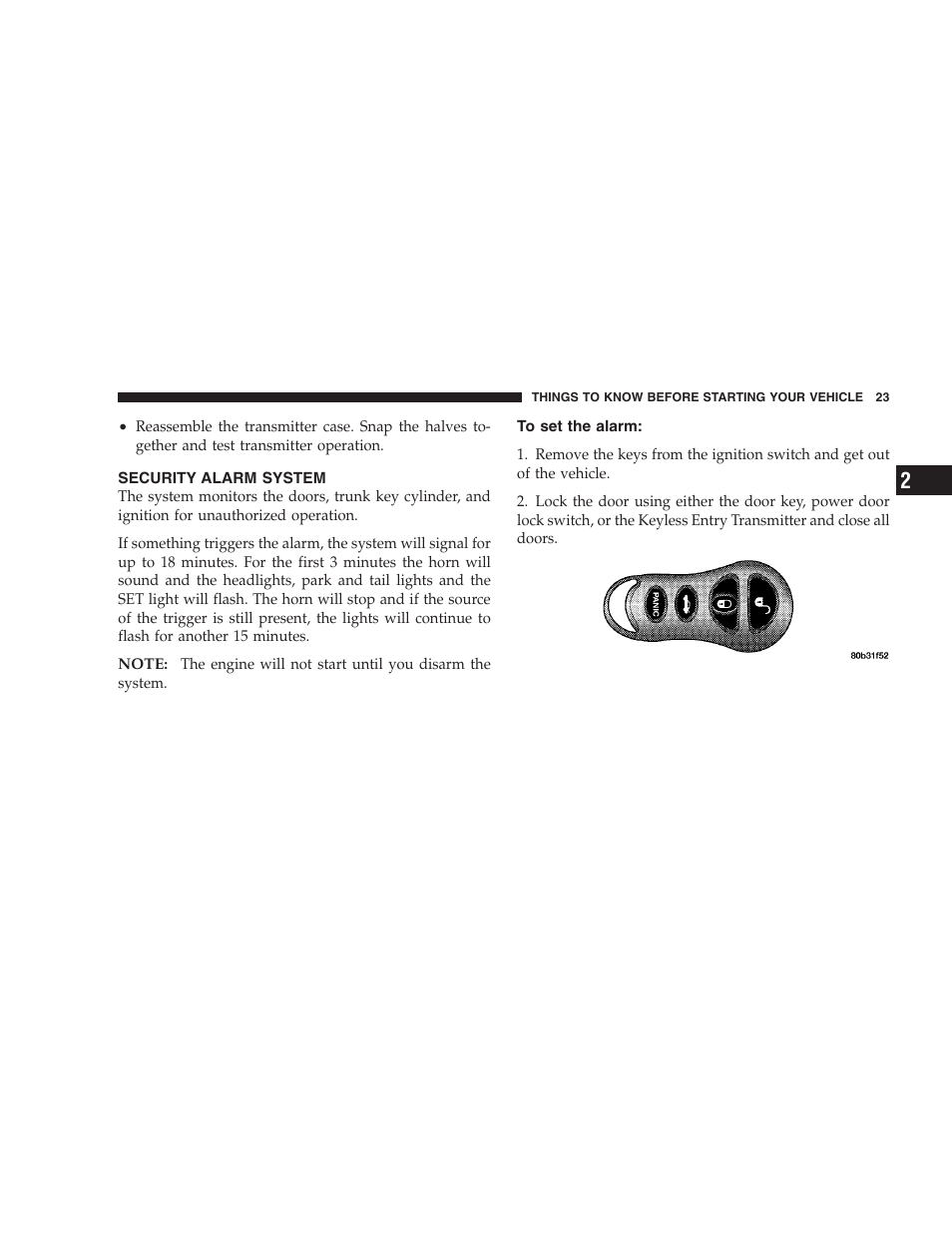 Security alarm system, To set the alarm | Chrysler 2004 Concorde User Manual | Page 23 / 273