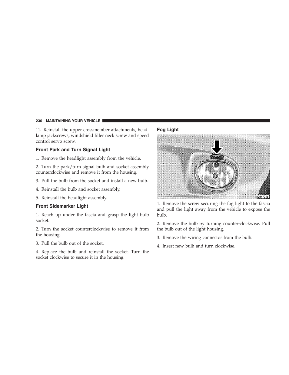 Front park and turn signal light, Front sidemarker light, Fog light | Chrysler 2004 Concorde User Manual | Page 230 / 273