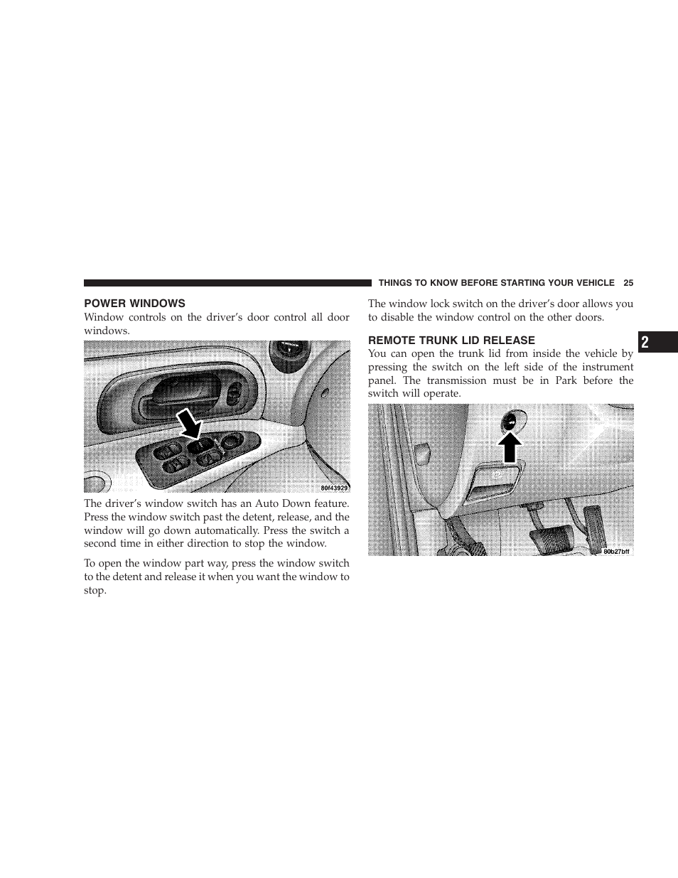 Power windows, Remote trunk lid release | Chrysler 2004 Concorde User Manual | Page 25 / 273